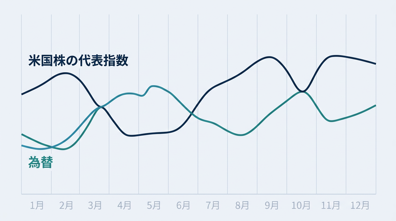 ダウ平均と為替の関係を示す抽象的な 2 本の折れ線の概念図
