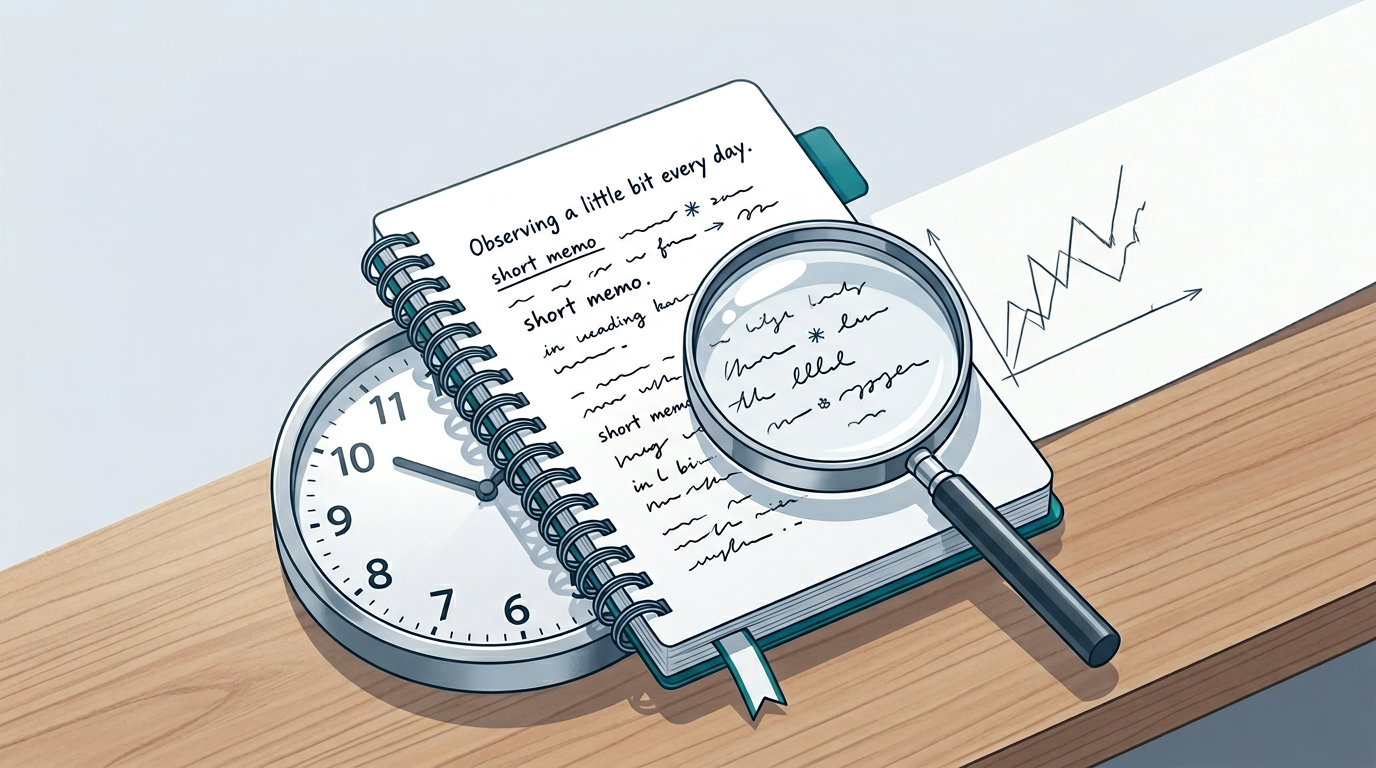 ノートと時計、ルーペを重ねた毎日の観測メモの静物風概念図