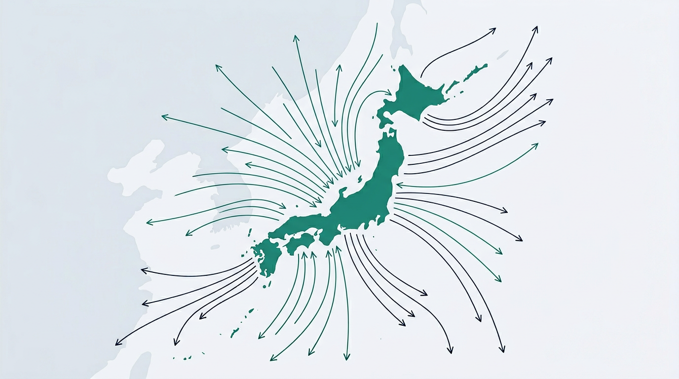 日本列島の抽象シルエットと双方向の資金フロー矢印の概念図