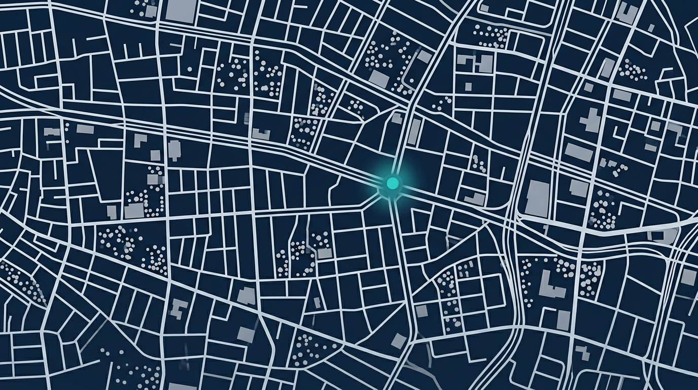 中野区中央地区を抽象化した街区の俯瞰イメージ。細いラインで道路網を表現