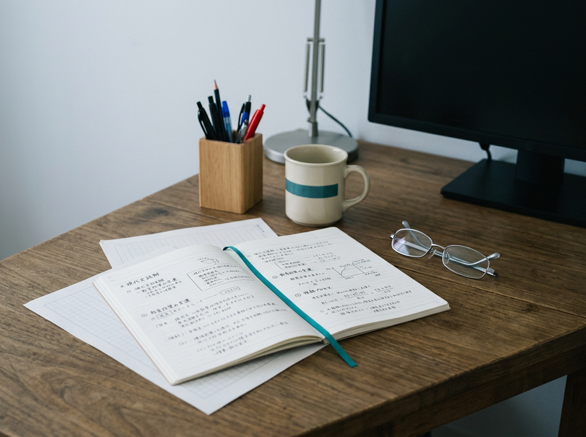 無人の編集デスク、ノートとメガネが並ぶ静物のイメージ