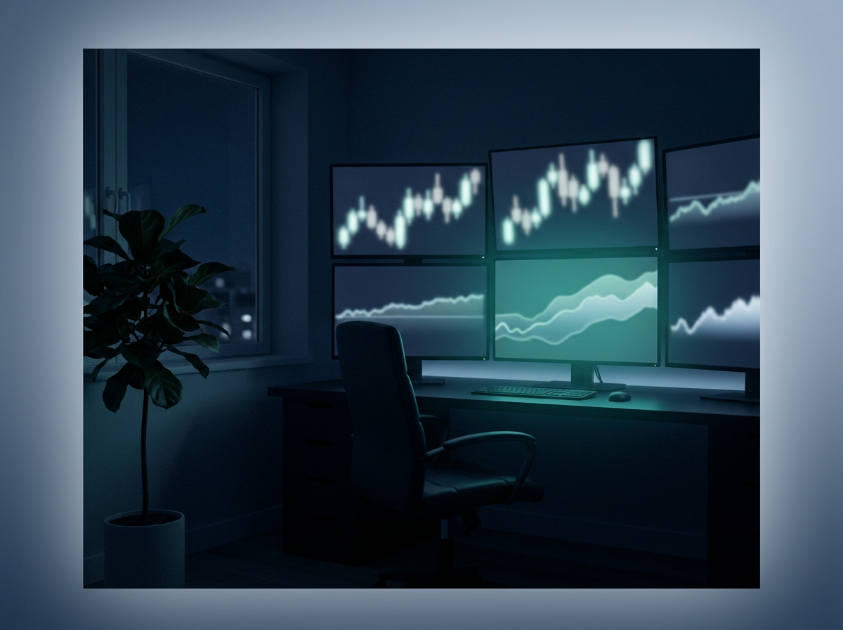 観測室の薄暗いシルエットとモニター群の概念図